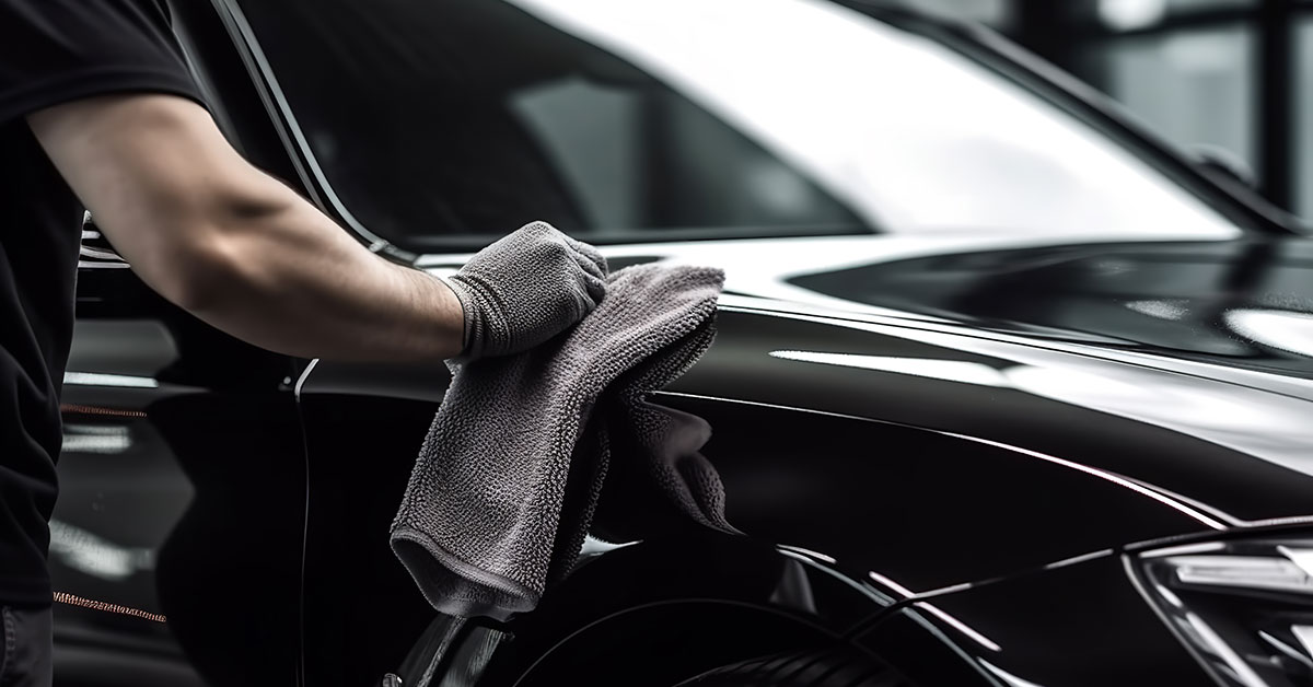 Technicians wiping down car with a microfiber cloth